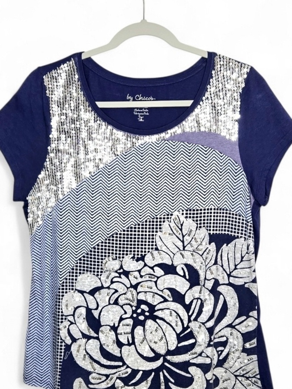 Chico's Navy and Silver Sequin Floral Short Sleeve Tee